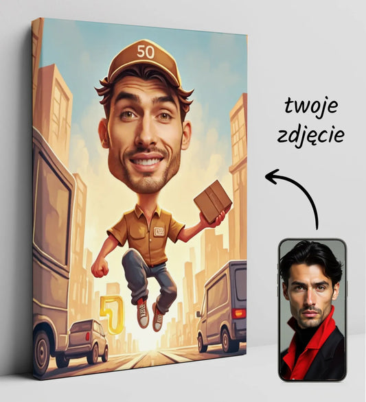 Caricature delivery man canvas prezent dla kuriera na urodziny