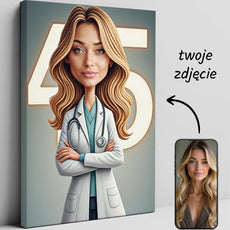 Personalizowany kreskówkowy portret lekarki na płótnie na prezent urodzinowy