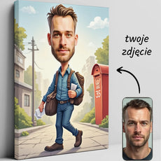 Karikatura na płótnie do prezentu urodzinowego listonosza