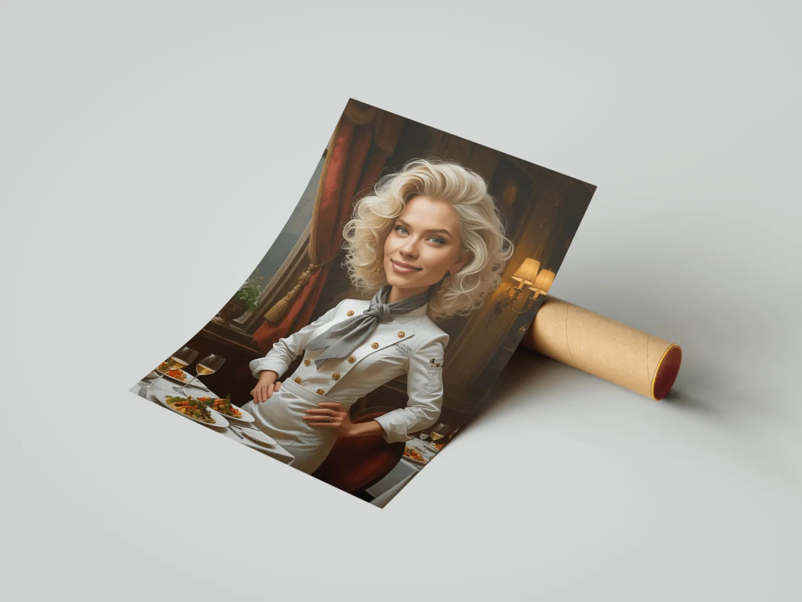 Rolled-up portrait of a blonde chef in Karykatura Magdy Gessler style
