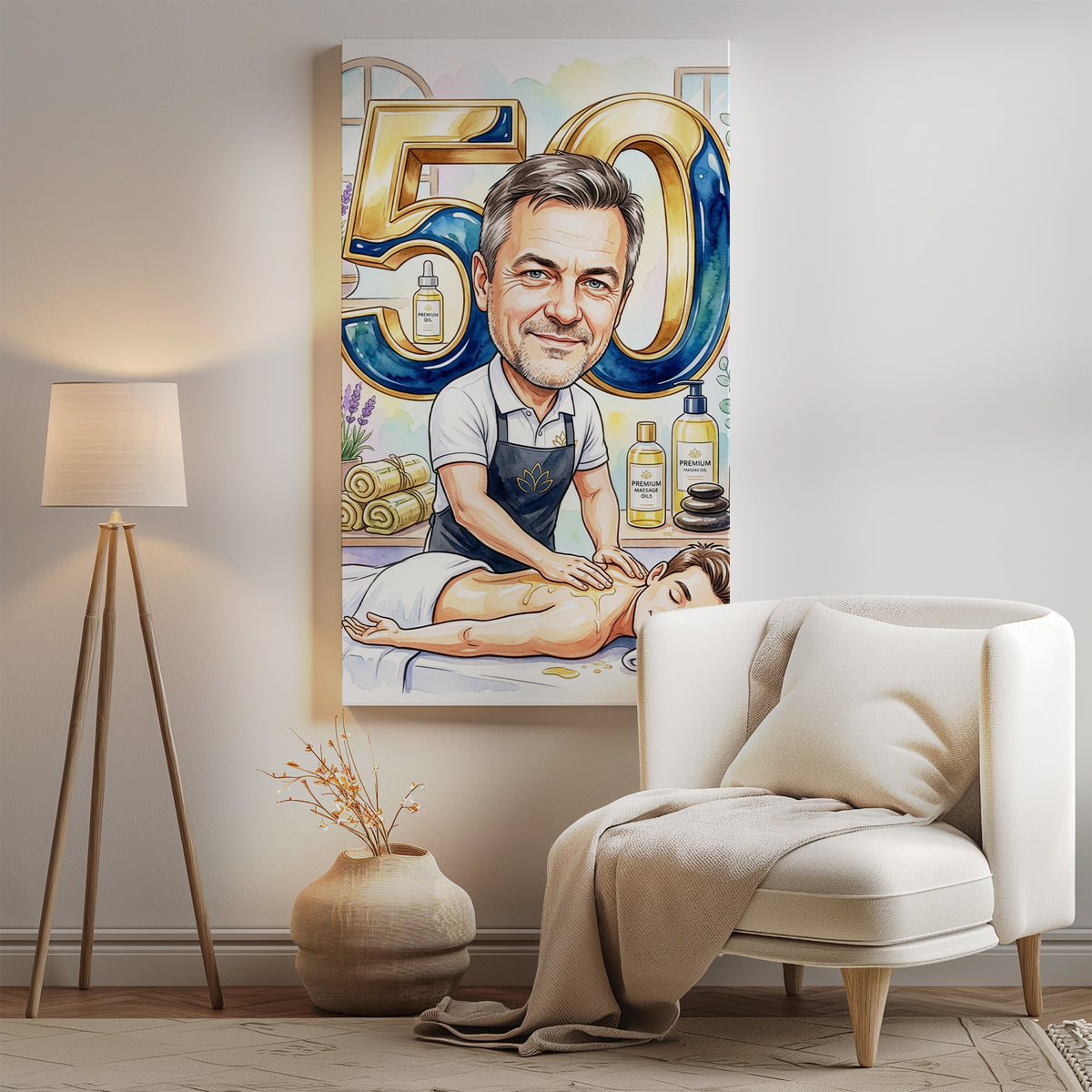 Karykatura masażysty na 50 urodziny ze zdjęcia mockup 2