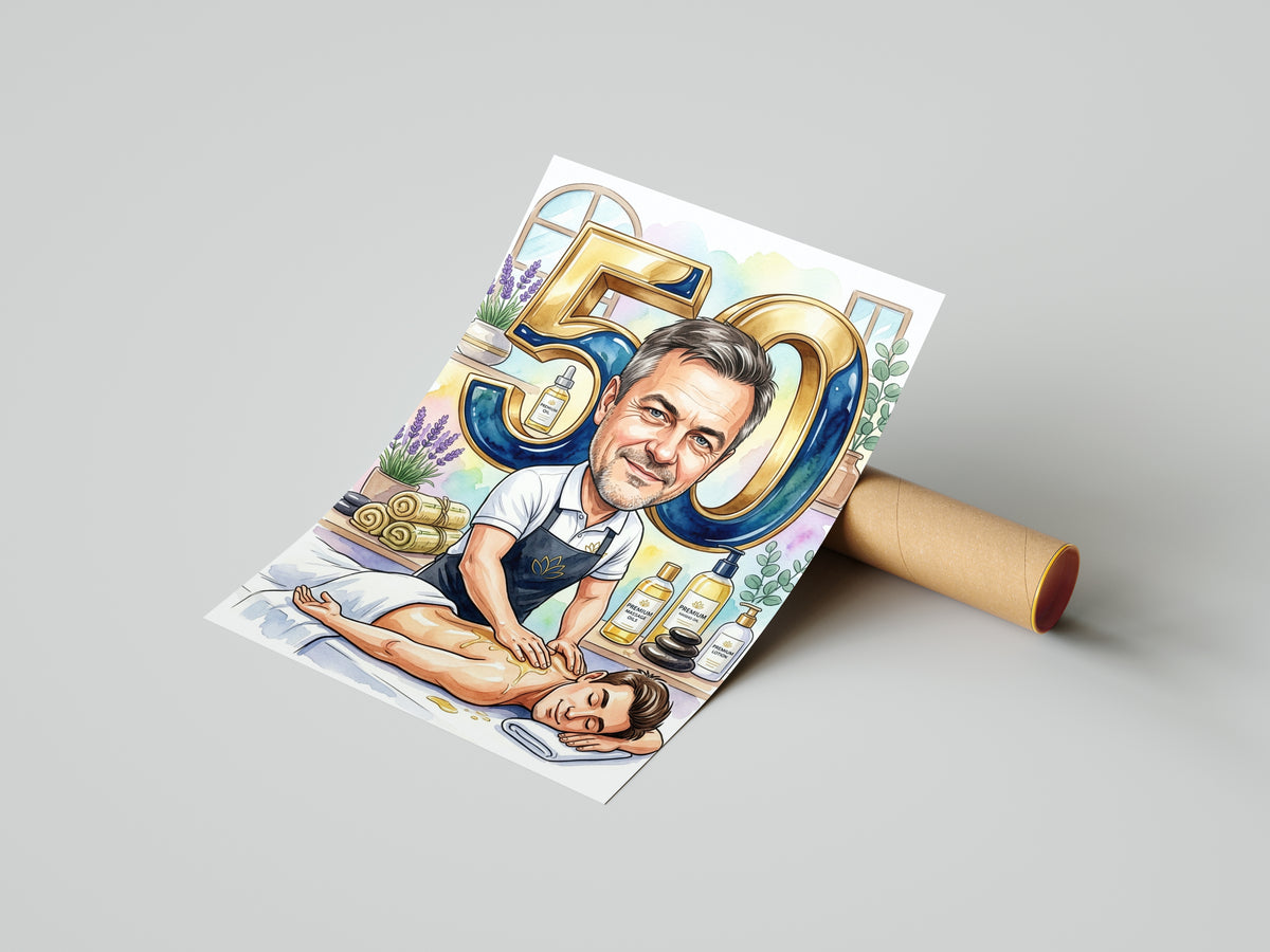 Karykatura masażysty na 50 urodziny ze zdjęcia mockup 4