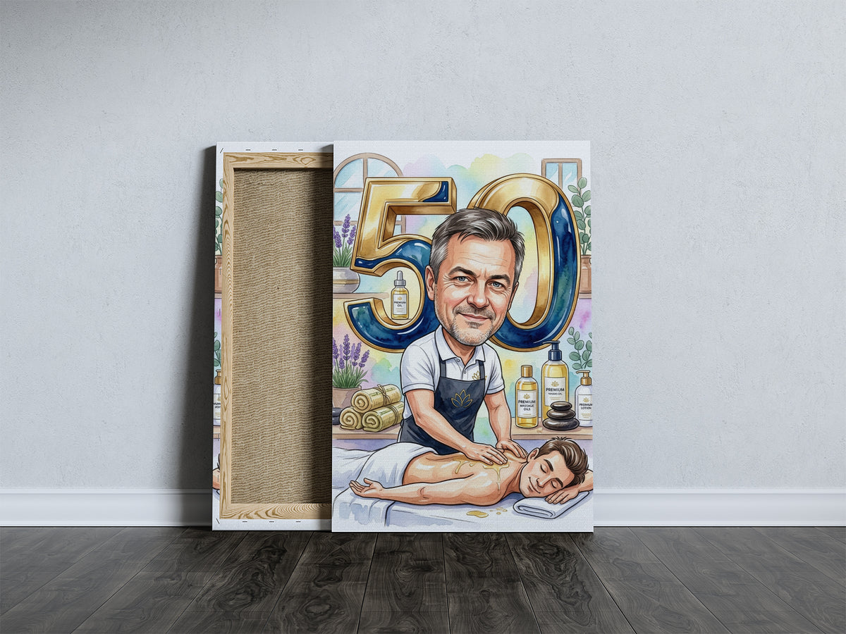 Karykatura masażysty na 50 urodziny ze zdjęcia mockup 5