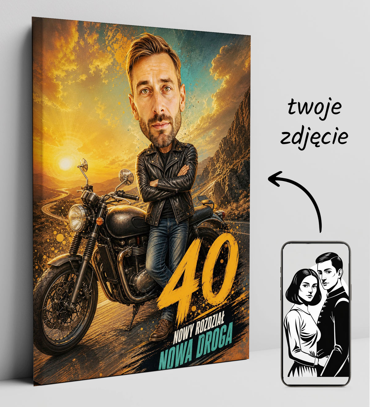 Karykatura motocyklisty na 40 urodziny – personalizowany prezent glowne