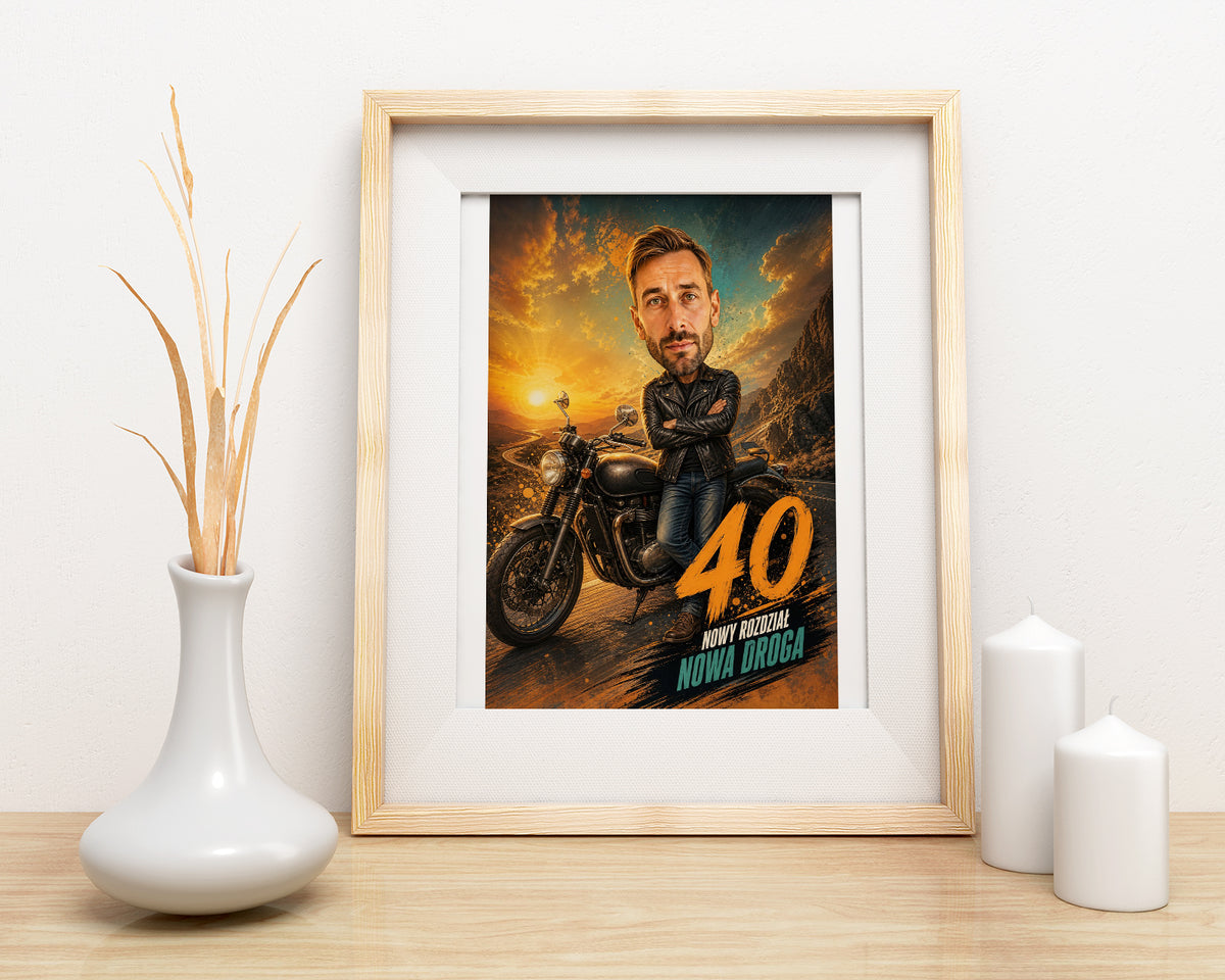 Karykatura motocyklisty na 40 urodziny – personalizowany prezent mockup 3