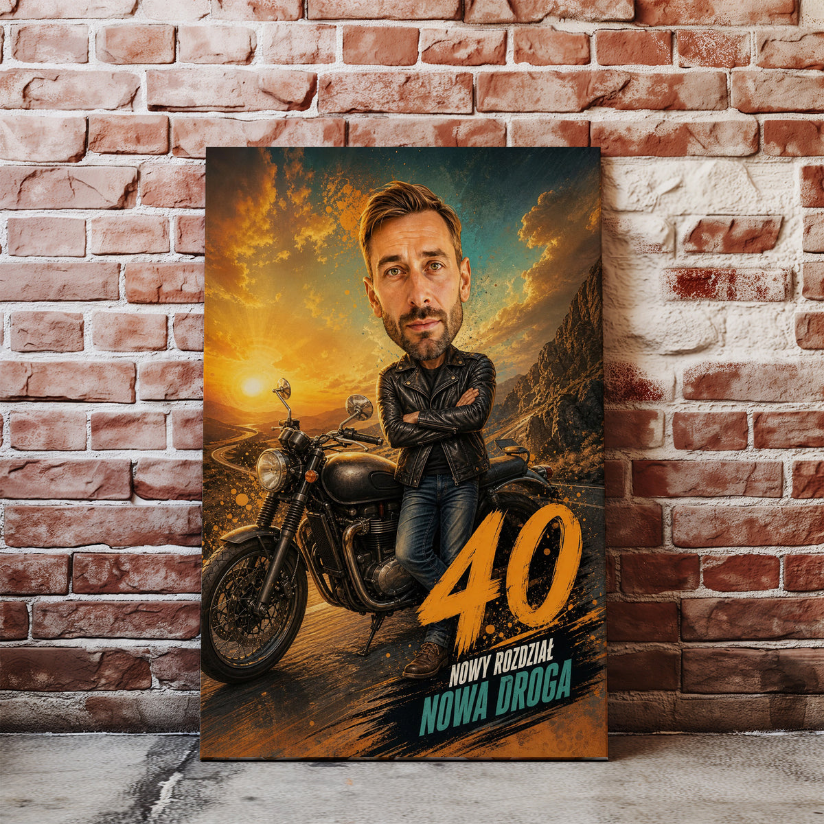 Karykatura motocyklisty na 40 urodziny – personalizowany prezent mockup 1