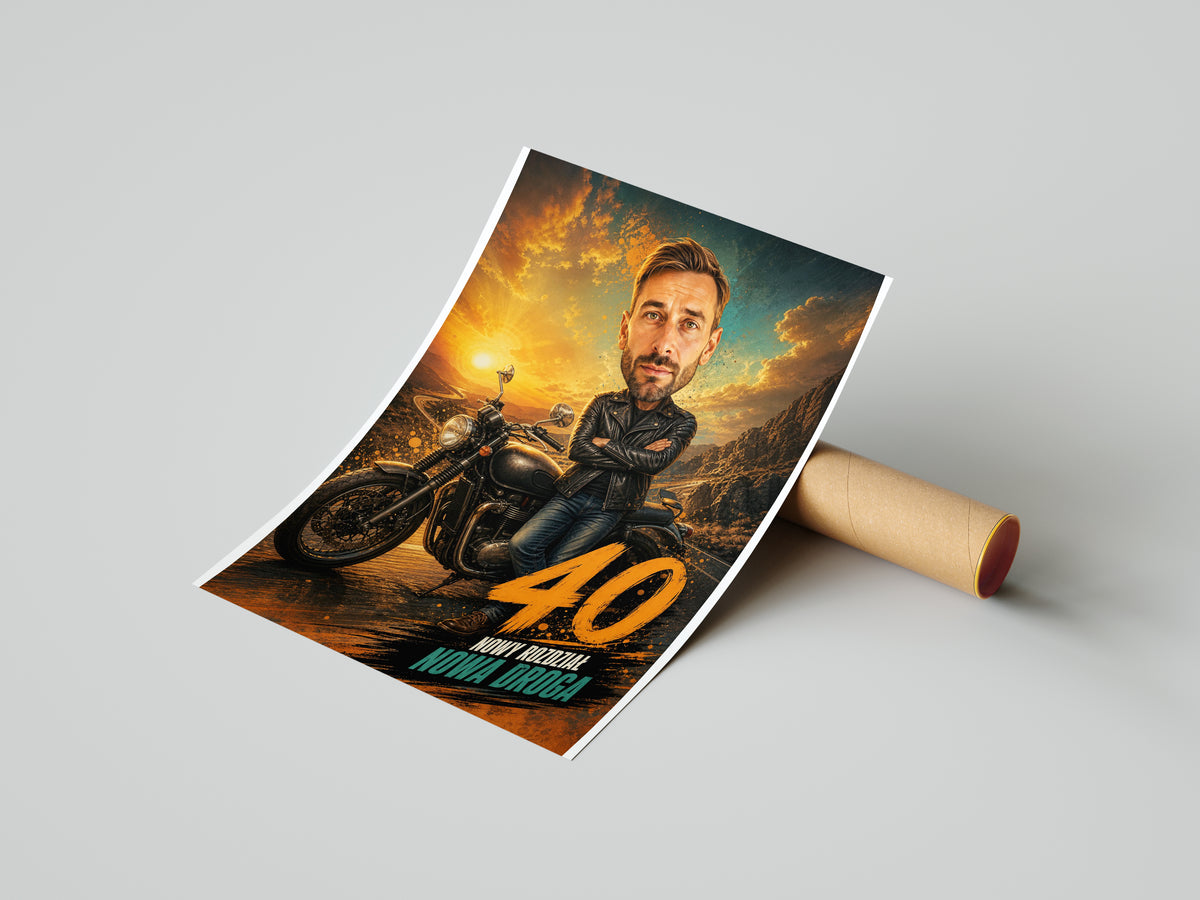 Karykatura motocyklisty na 40 urodziny – personalizowany prezent mockup 4