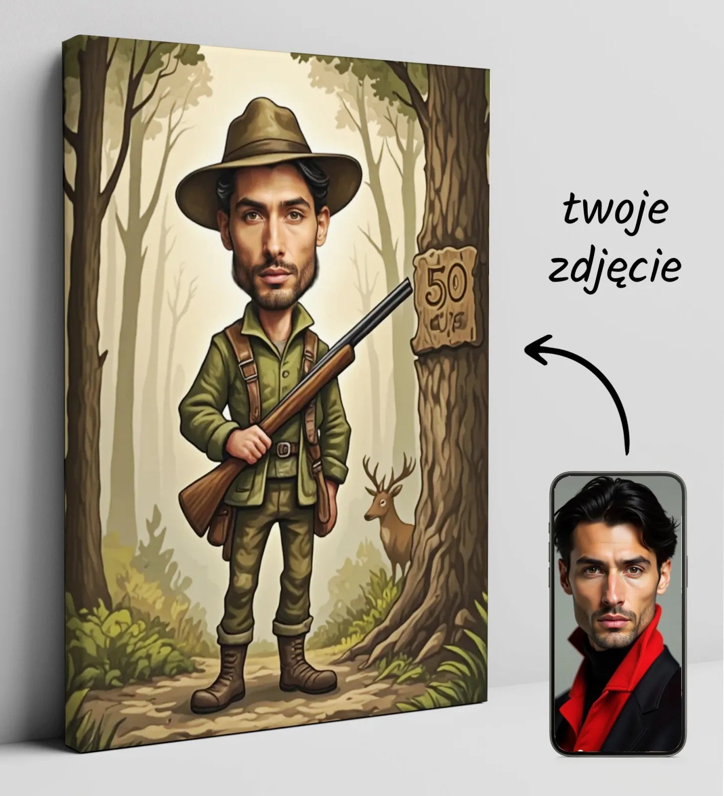 Personalized hunter caricature canvas for birthday gift Karykatura myśliwego
