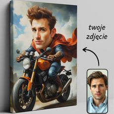 Karykatura na motorze z personalizowanym superbohaterem na motocyklu