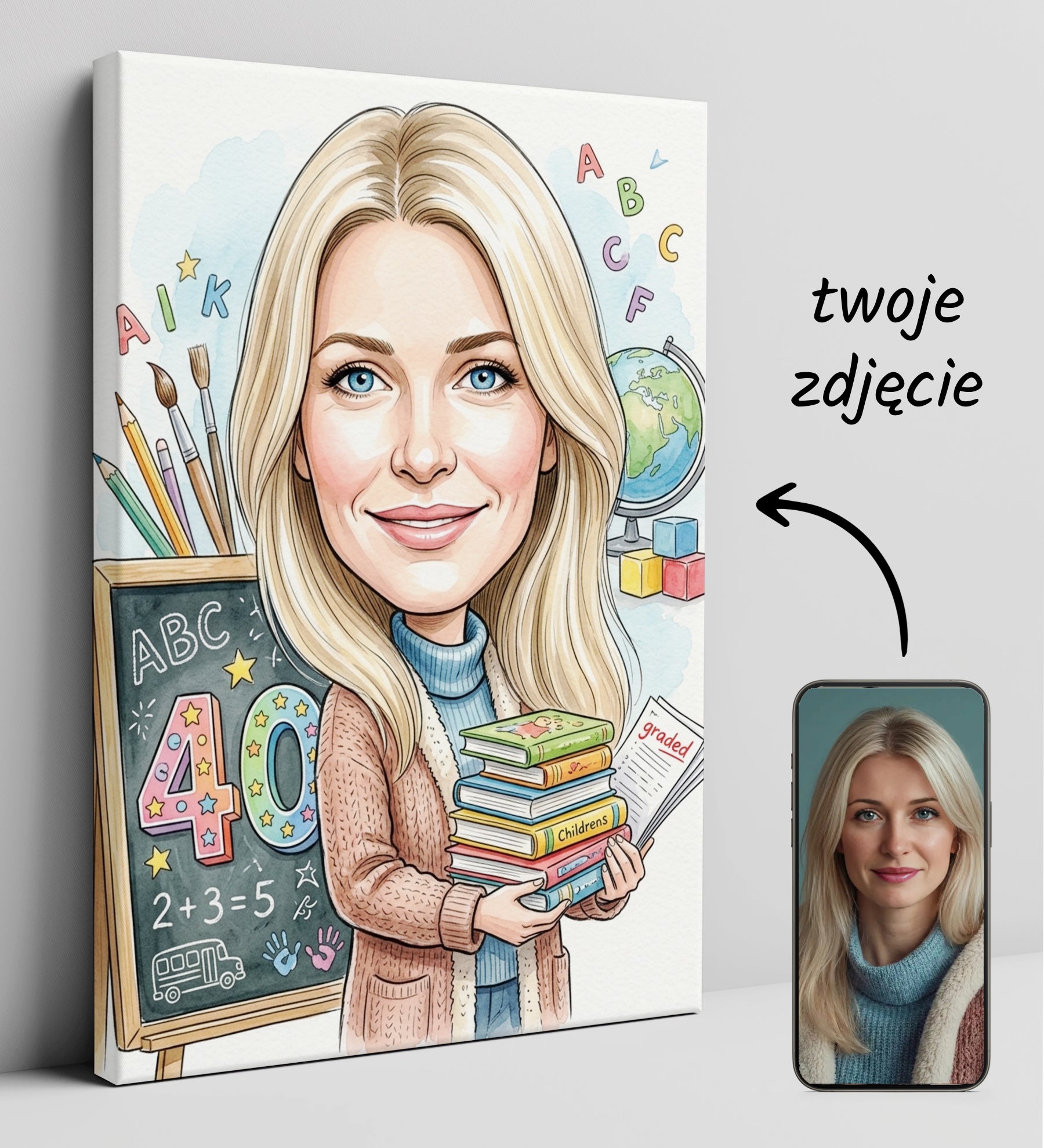Karykatura nauczycielki klas 1-3 z liczbą 40 - Personalizowany portret glowne