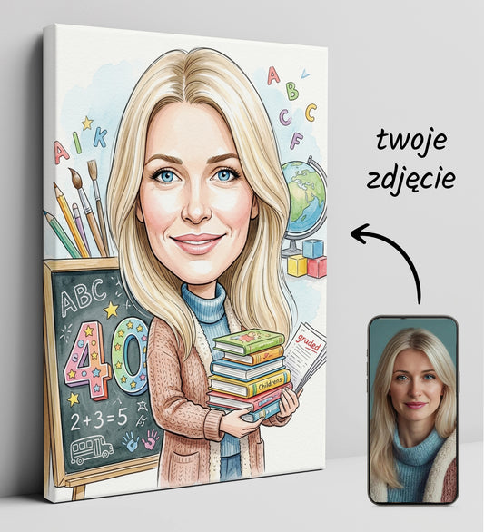 Karykatura nauczycielki klas 1-3 z liczbą 40 - Personalizowany portret glowne