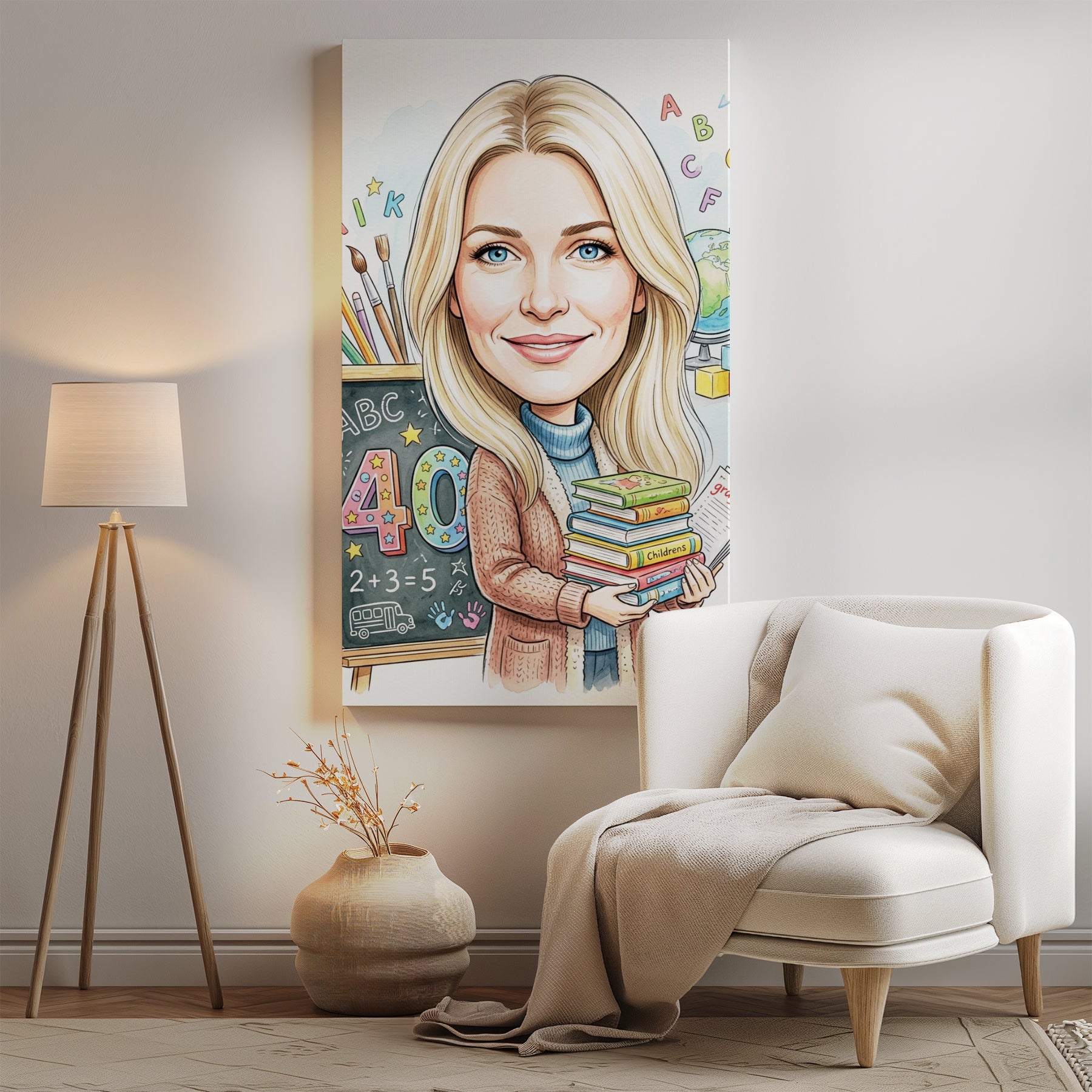 Karykatura nauczycielki klas 1-3 z liczbą 40 - Personalizowany portret mockup 2