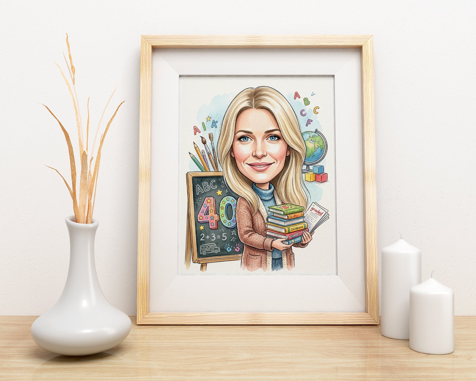 Karykatura nauczycielki klas 1-3 z liczbą 40 - Personalizowany portret mockup 3