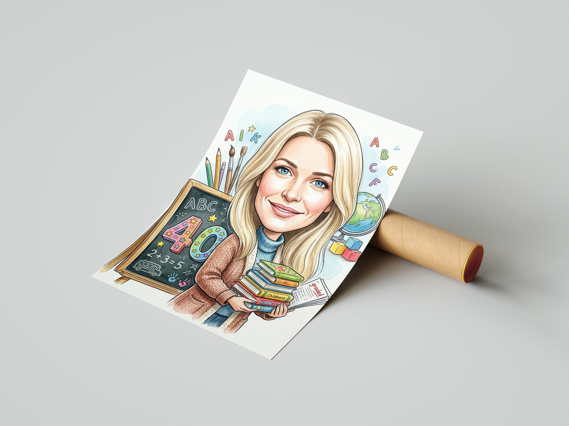 Karykatura nauczycielki klas 1-3 z liczbą 40 - Personalizowany portret mockup 4