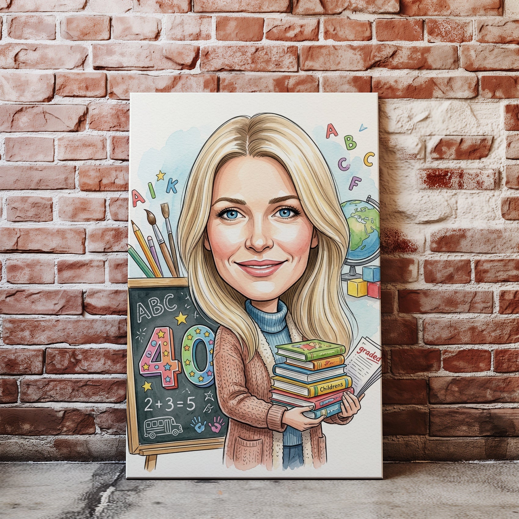 Karykatura nauczycielki klas 1-3 z liczbą 40 - Personalizowany portret nacegle