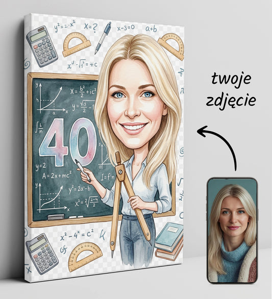 Karykatura nauczycielki matematyki na 40 urodziny - personalizowany glowne