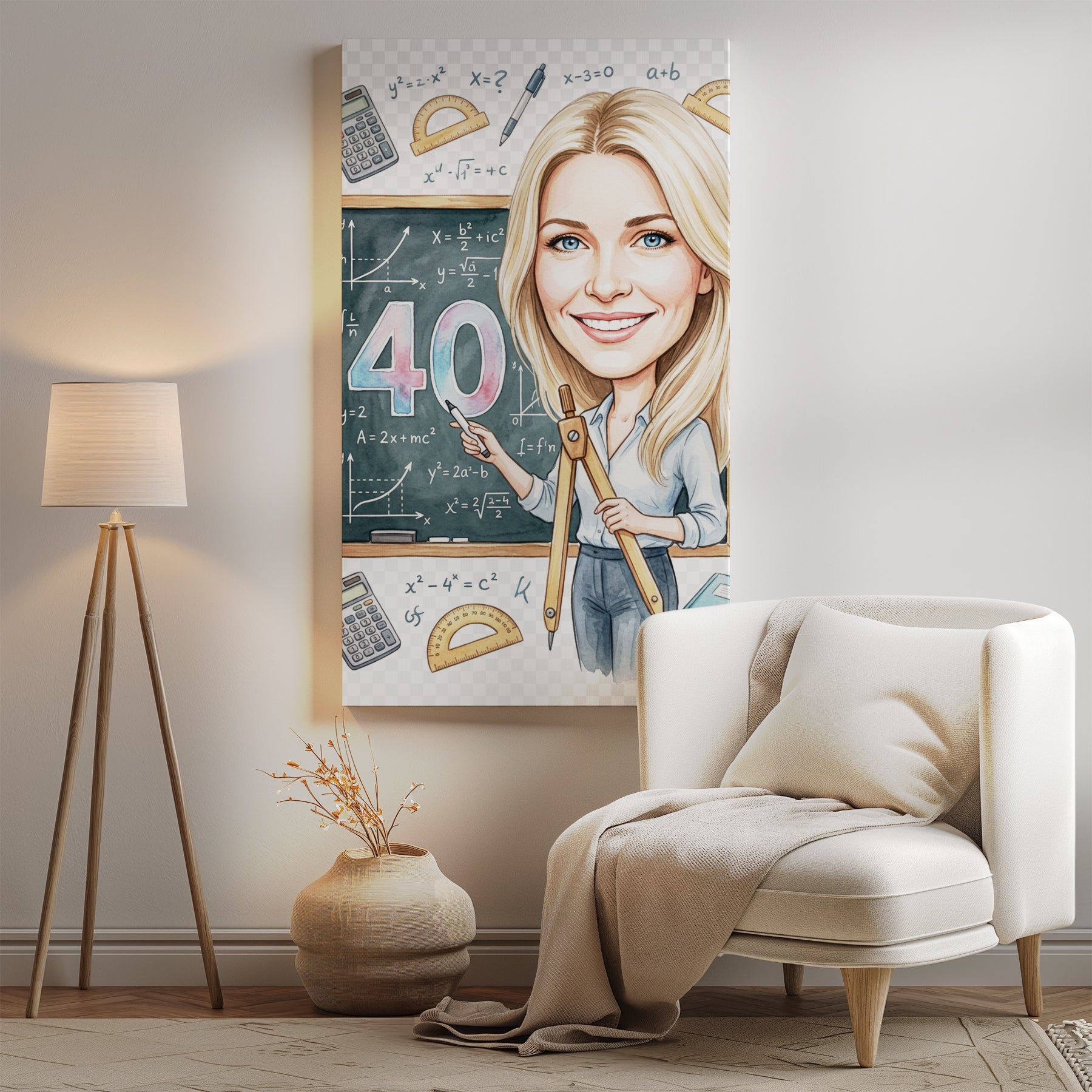 Karykatura nauczycielki matematyki na 40 urodziny - personalizowany mockup 2