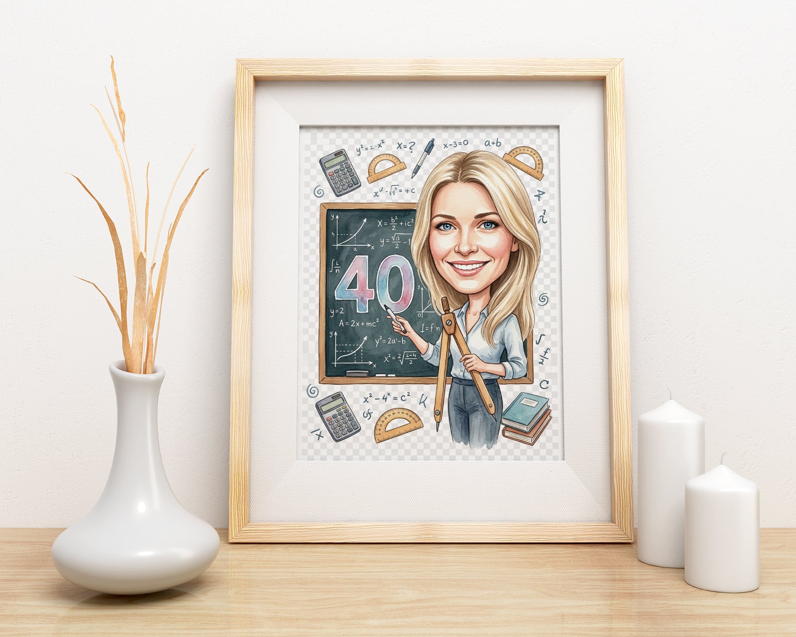 Karykatura nauczycielki matematyki na 40 urodziny - personalizowany mockup 3