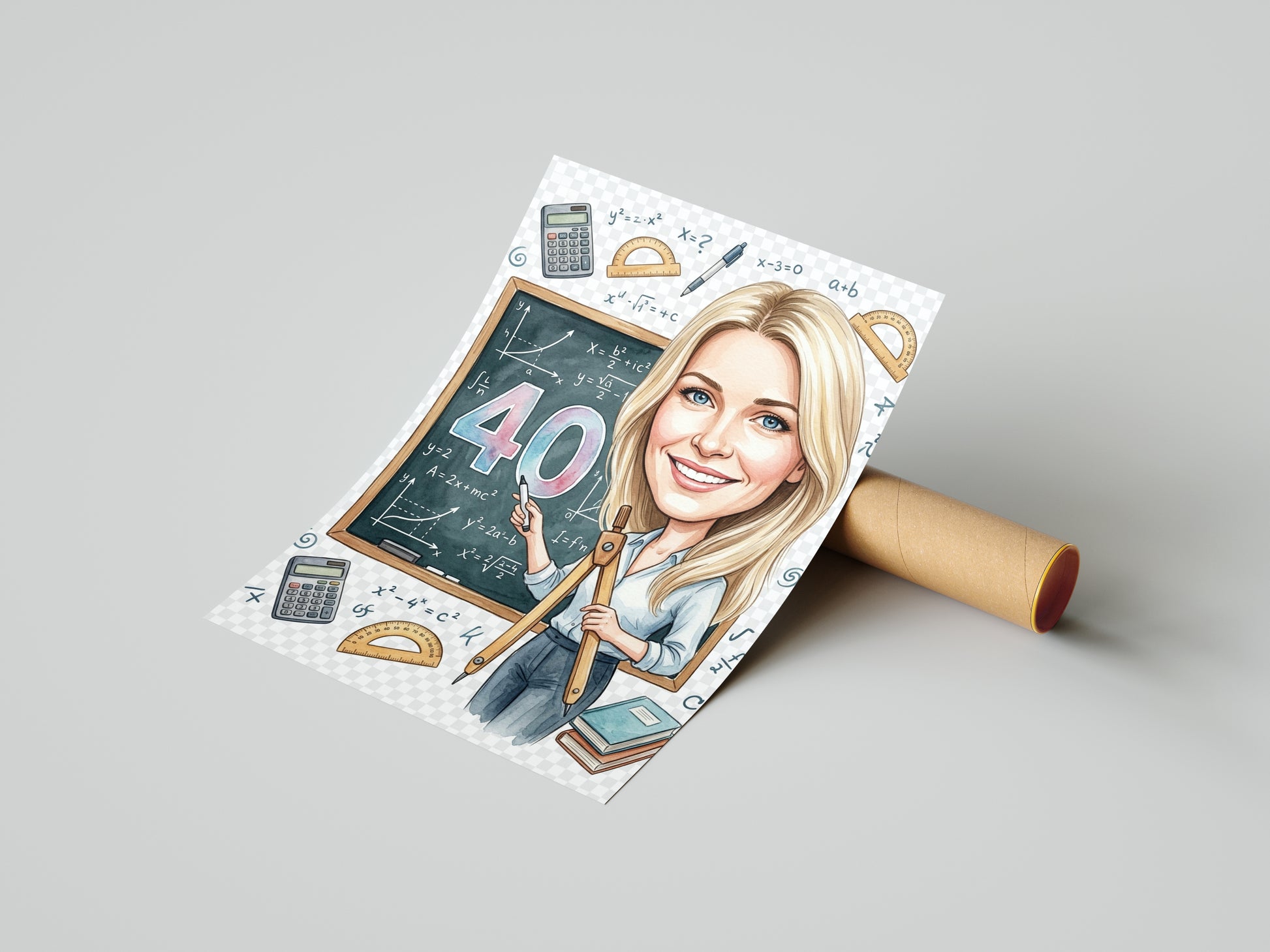 Karykatura nauczycielki matematyki na 40 urodziny - personalizowany mockup 4