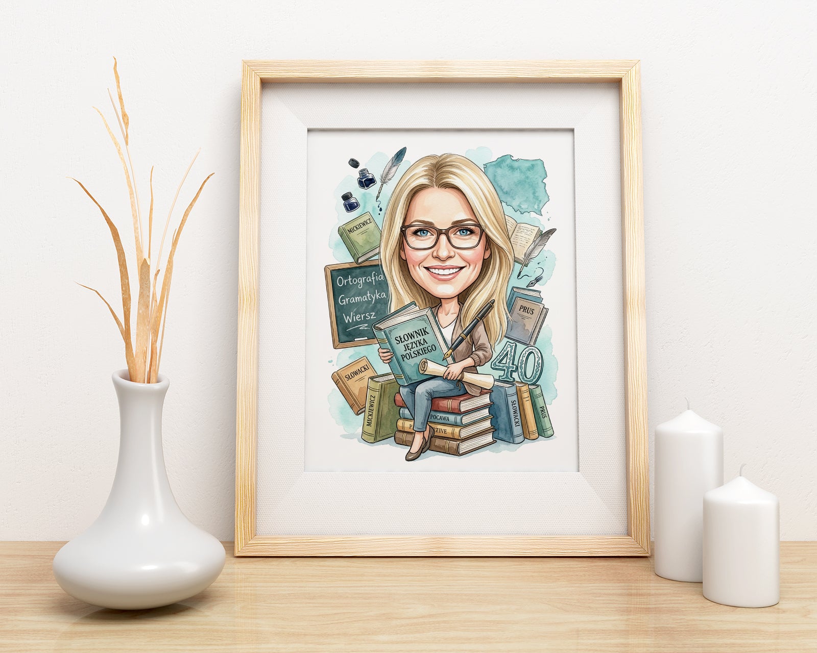 Karykatura nauczycielki polskiego na 40 urodziny – personalizowany mockup 3