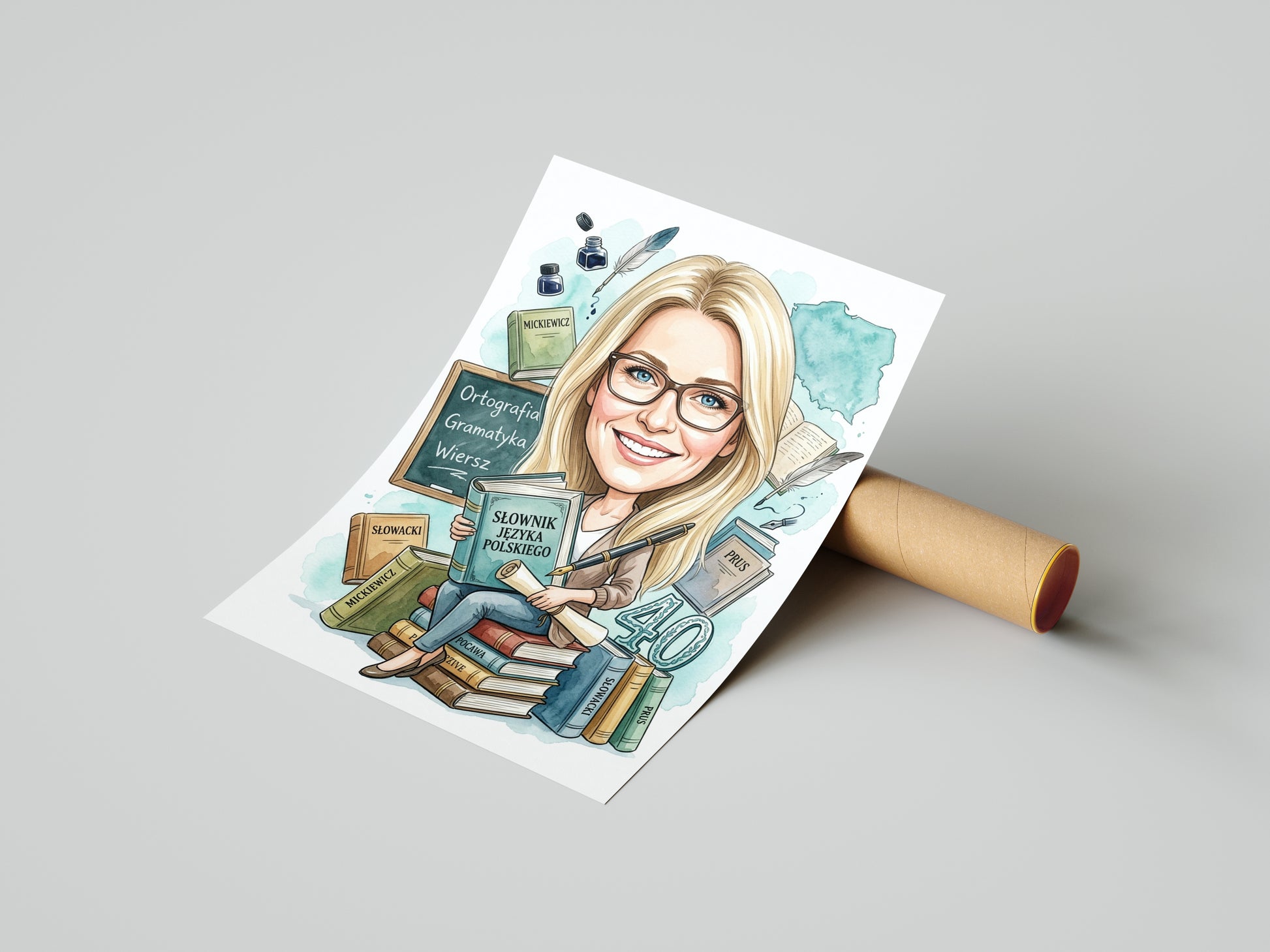 Karykatura nauczycielki polskiego na 40 urodziny – personalizowany mockup 4