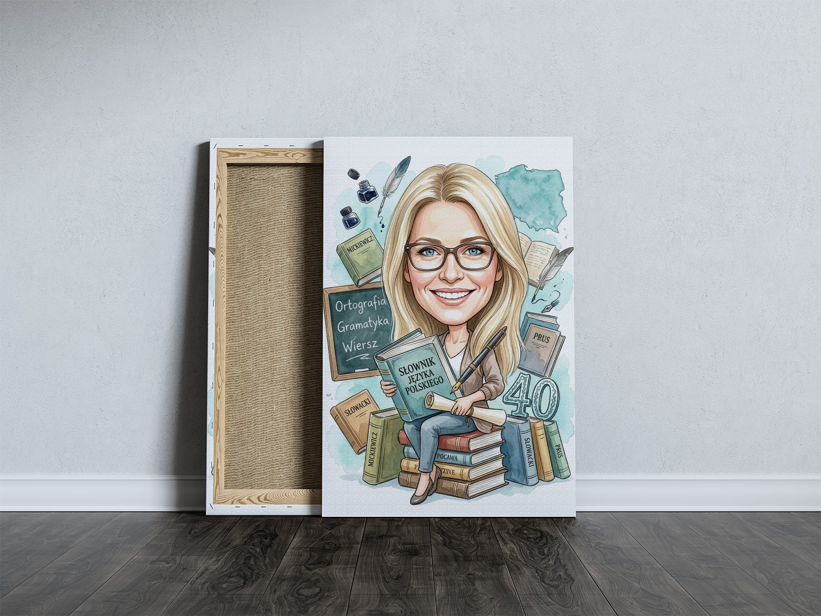 Karykatura nauczycielki polskiego na 40 urodziny – personalizowany mockup 5