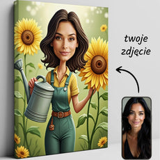 Personalizowany plakat na płótnie z rysunkową kobietą w polu słoneczników Karykatura ogrodniczki