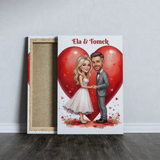 Karykatura pary Ela i Tomek z sercami – plakat ślubny