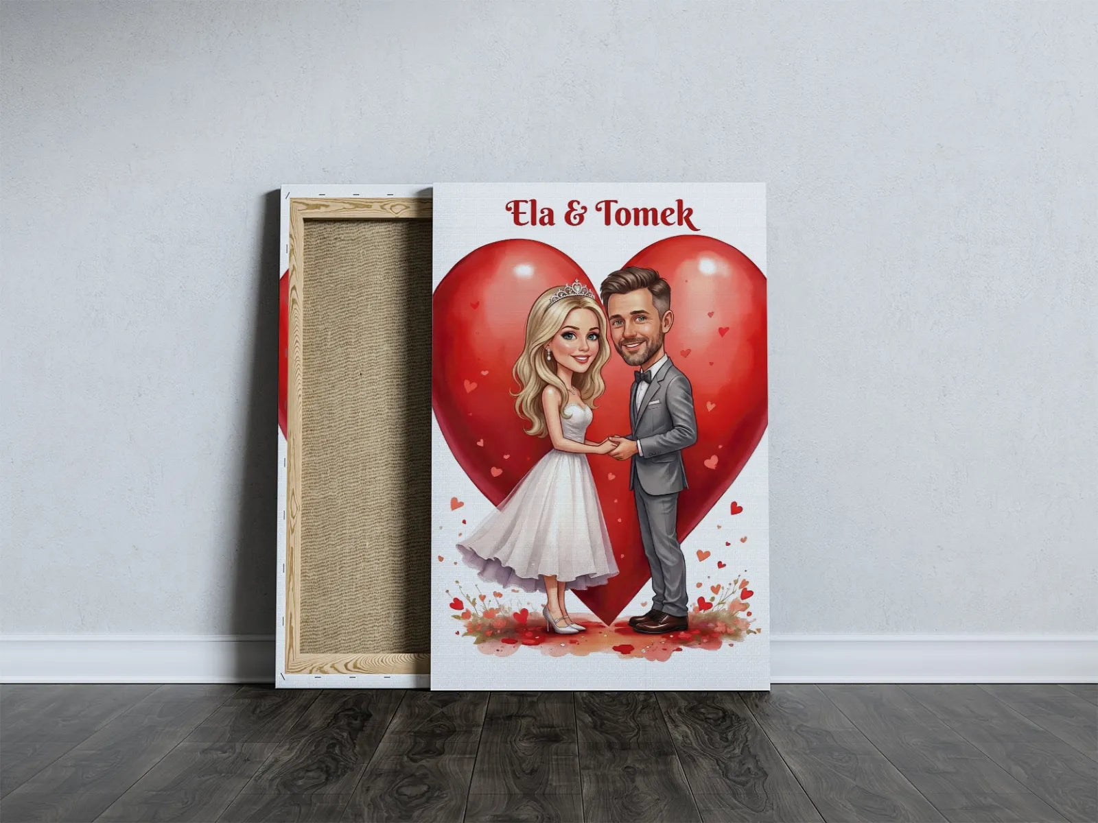 Karykatura pary Ela i Tomek z sercami – plakat ślubny