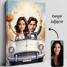Personalizowany obraz na płótnie z kreskówkową parą młodą w samochodzie