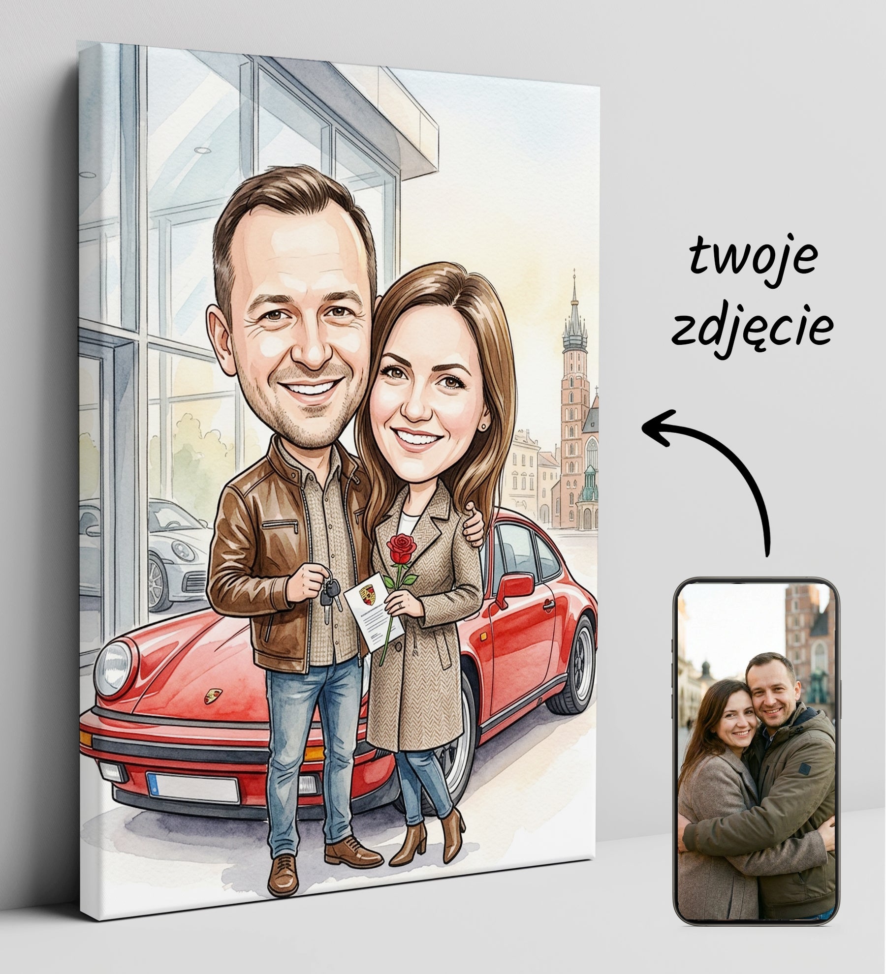 Karykatura personalizowana pary przy czerwonym Porsche glowne