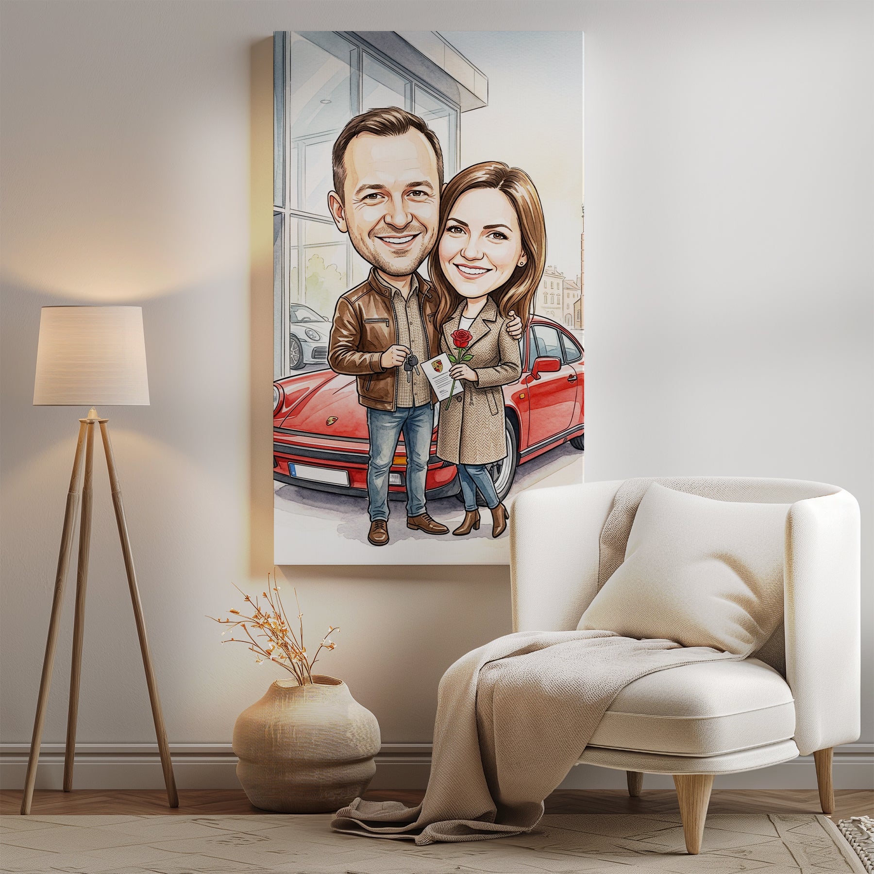 Karykatura personalizowana pary przy czerwonym Porsche mockup 2