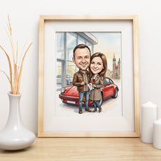Karykatura personalizowana pary przy czerwonym Porsche mockup 3