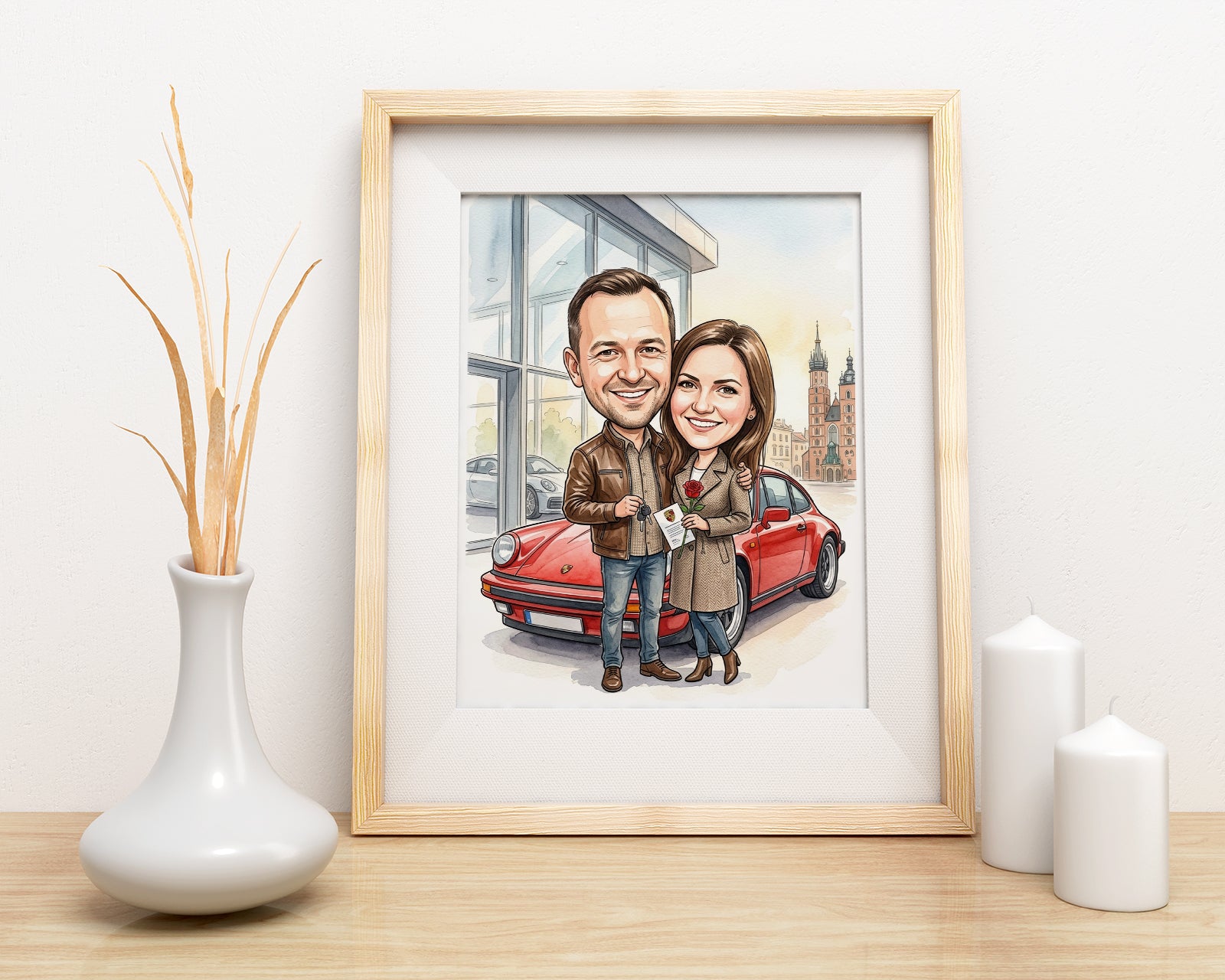 Karykatura personalizowana pary przy czerwonym Porsche mockup 3