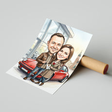 Karykatura personalizowana pary przy czerwonym Porsche mockup 4