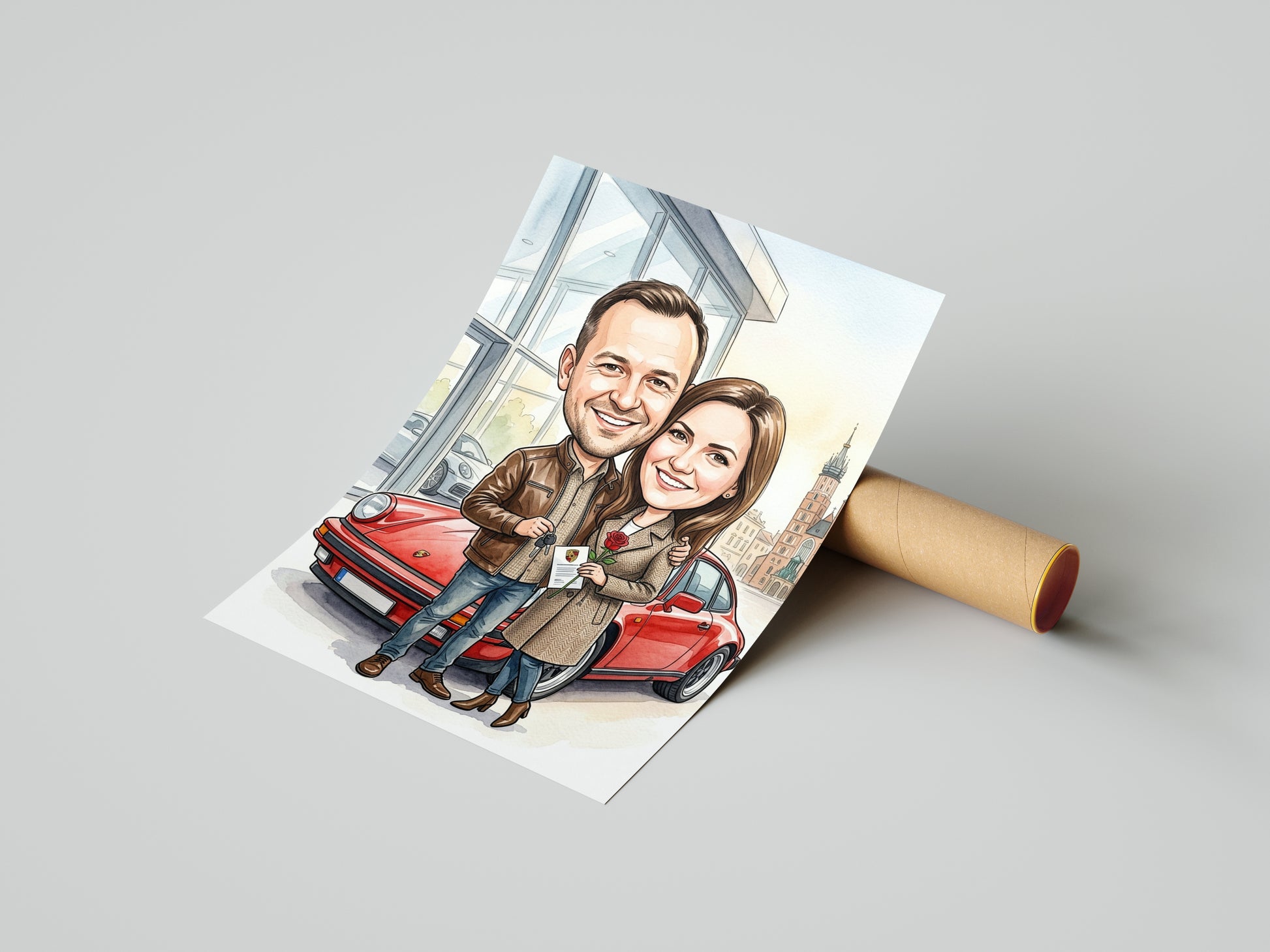 Karykatura personalizowana pary przy czerwonym Porsche mockup 4