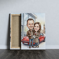 Karykatura personalizowana pary przy czerwonym Porsche mockup 5