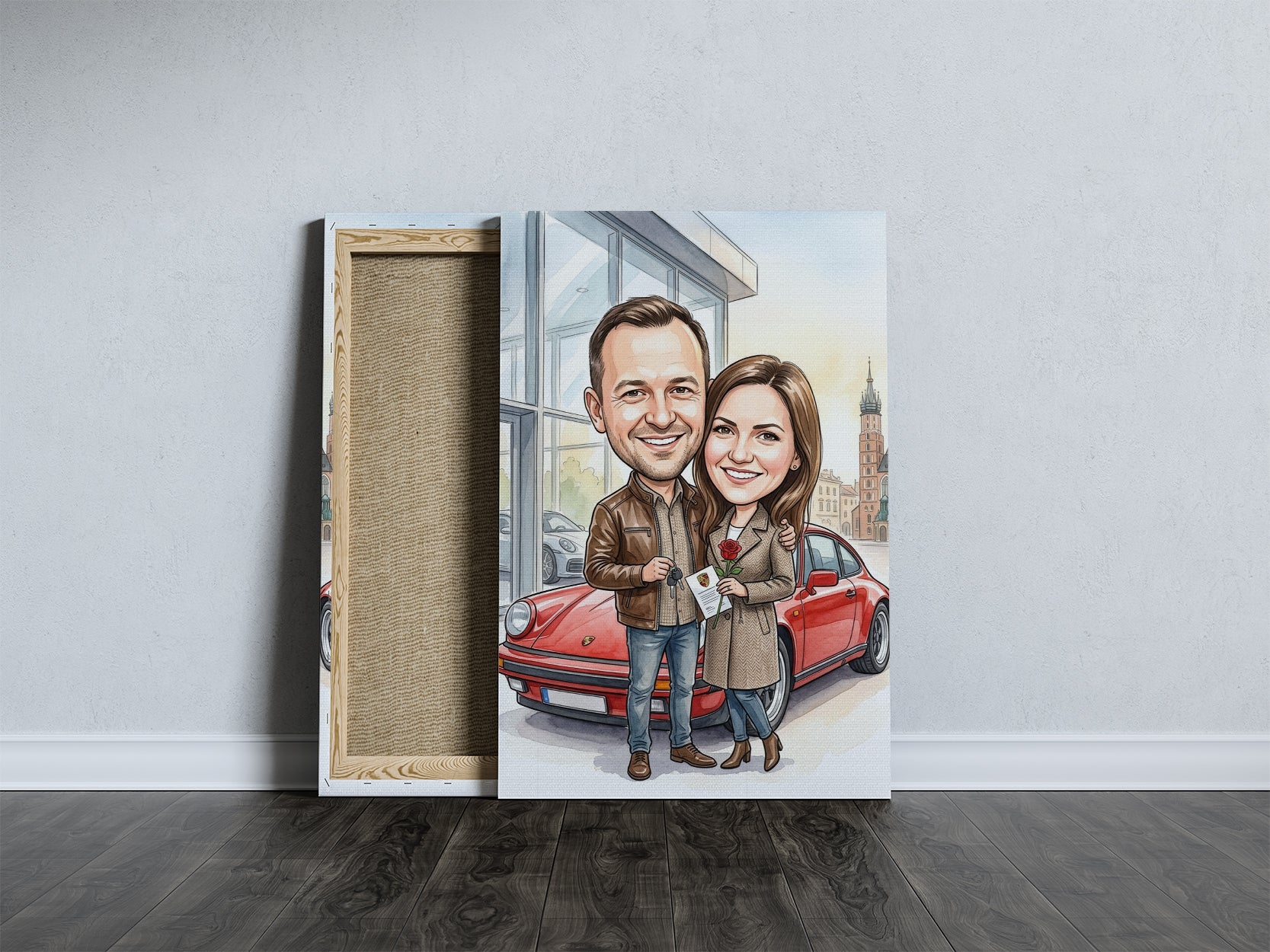 Karykatura personalizowana pary przy czerwonym Porsche mockup 5
