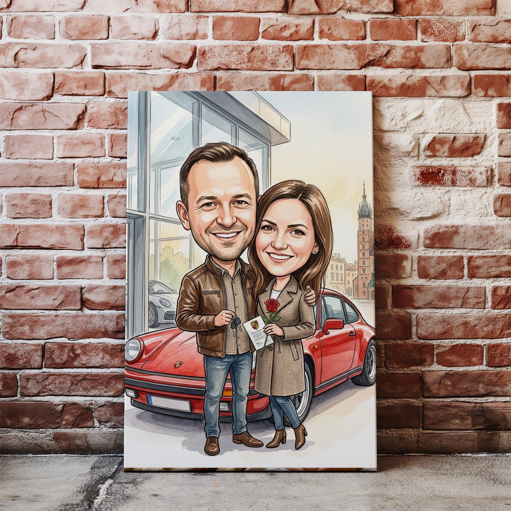 Karykatura personalizowana pary przy czerwonym Porsche nacegle