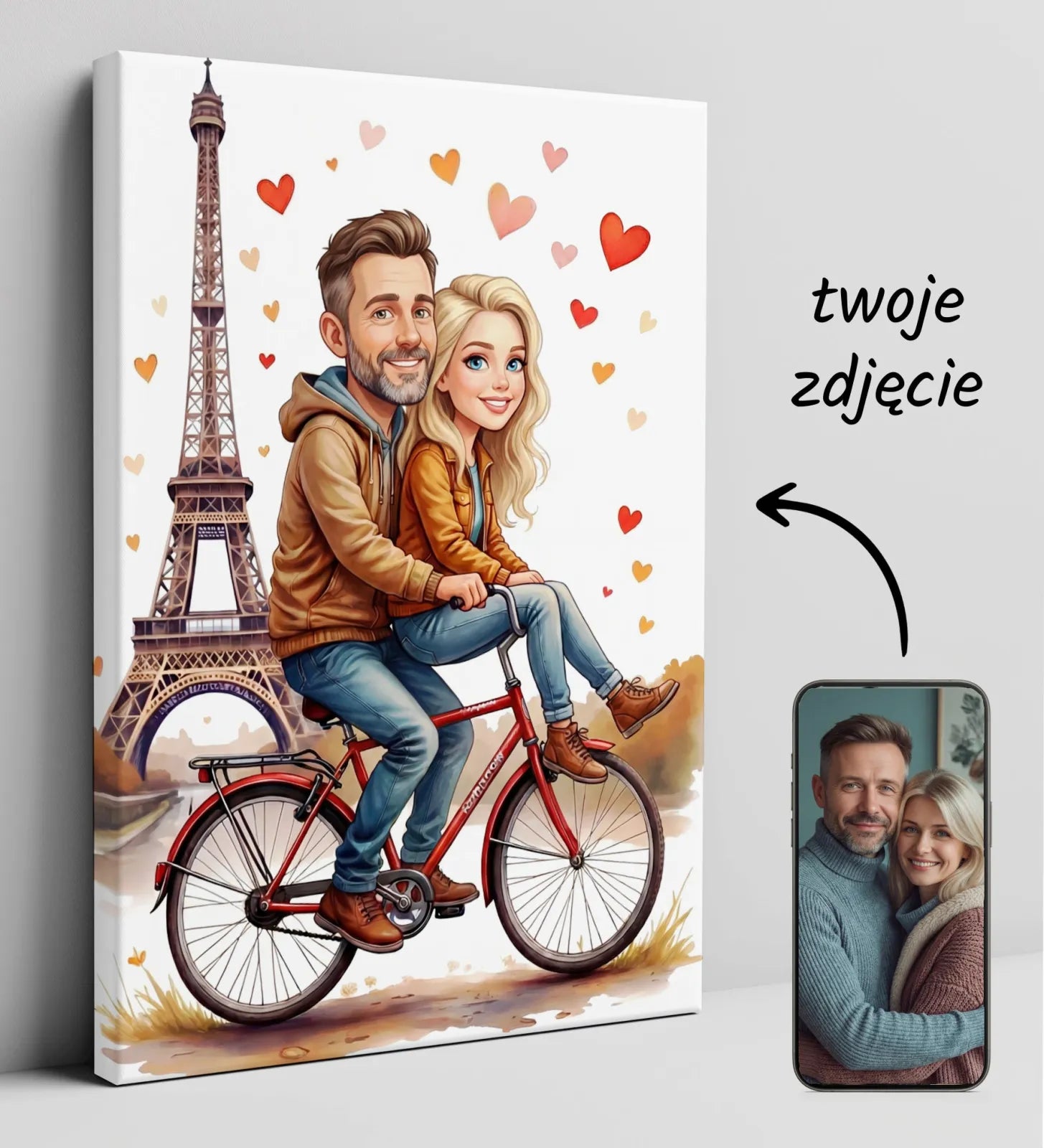 Karykatura pary na czerwonym rowerze z Wieżą Eiffla i serduszkami