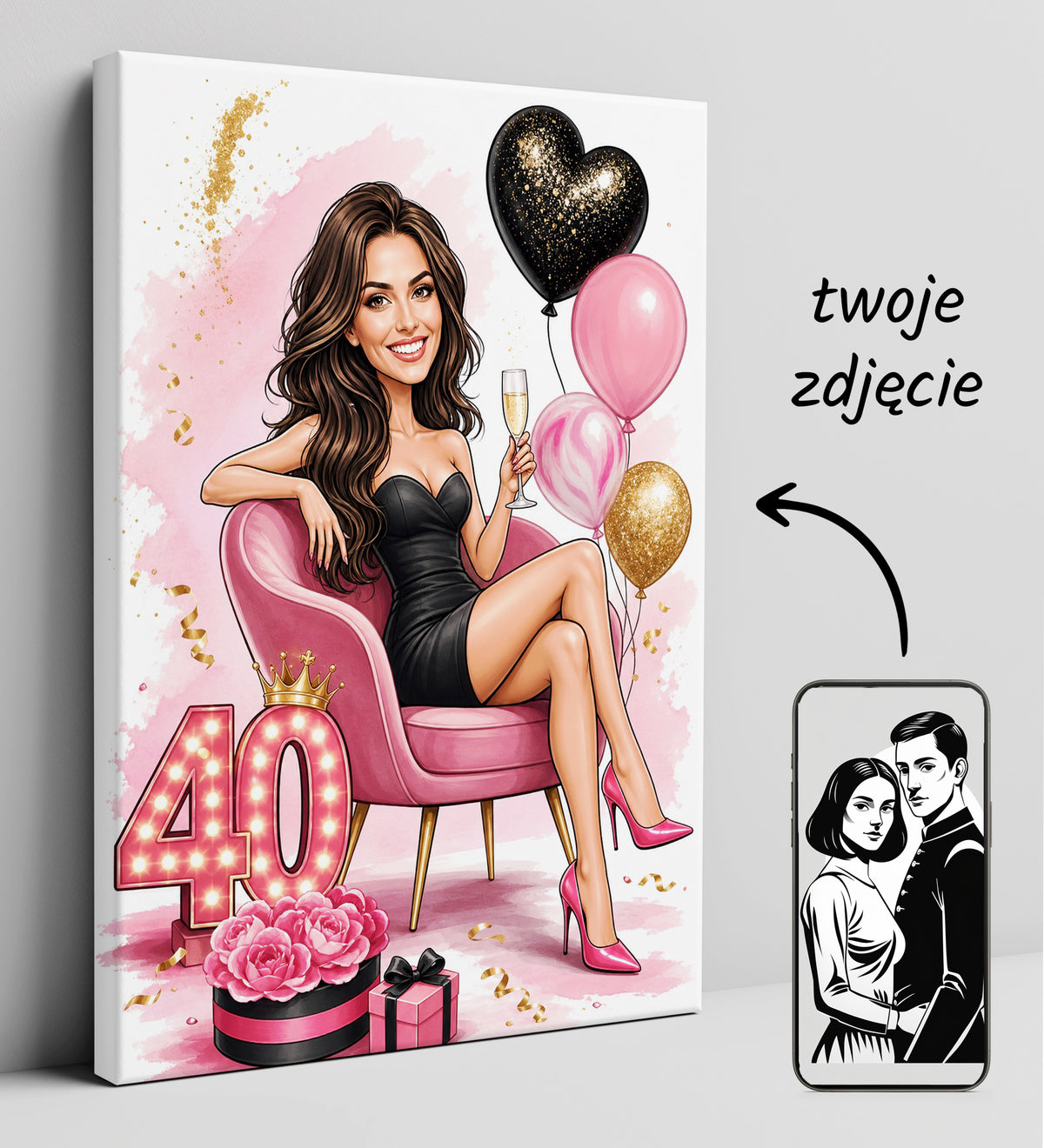 Karykatura personalizowana na 40 urodziny dla kobiety mockup 1