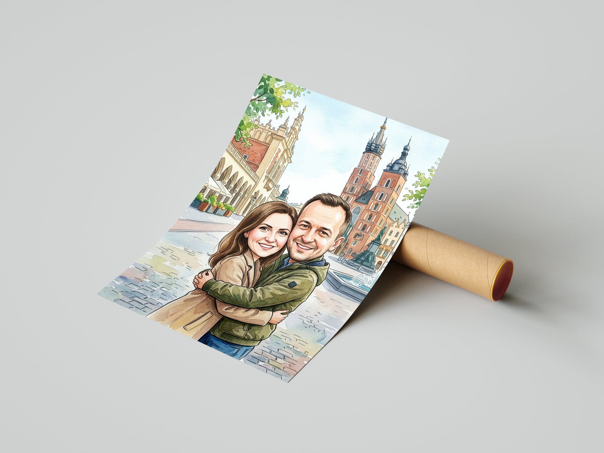 Karykatura personalizowana pary – Kraków Rynek Główny mockup 4