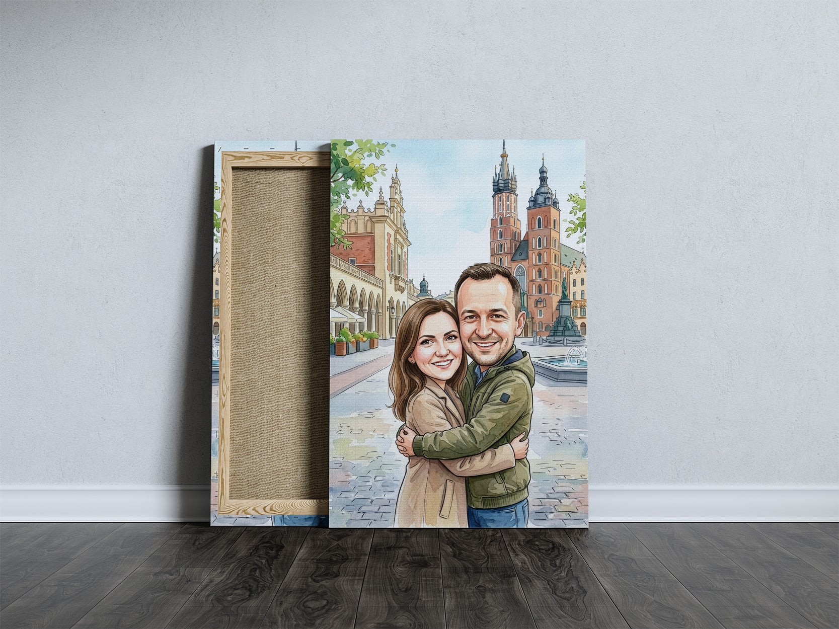 Karykatura personalizowana pary – Kraków Rynek Główny mockup 5