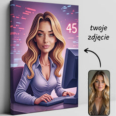 Karykatura programistki na płótnie, kobieta z blond włosami, siedzi przy komputerze