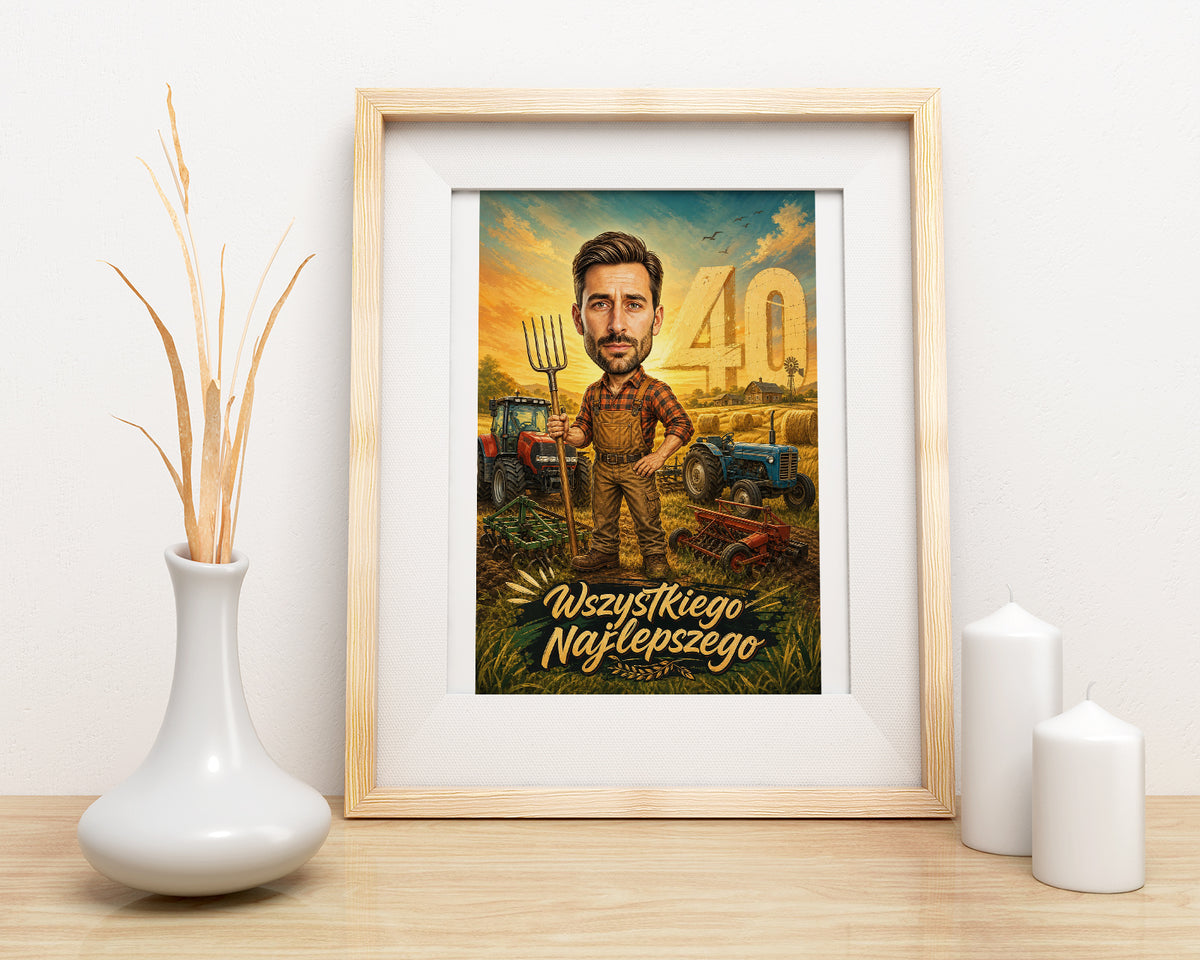 Karykatura rolnika na 40 urodziny ze zdjęcia mockup 3
