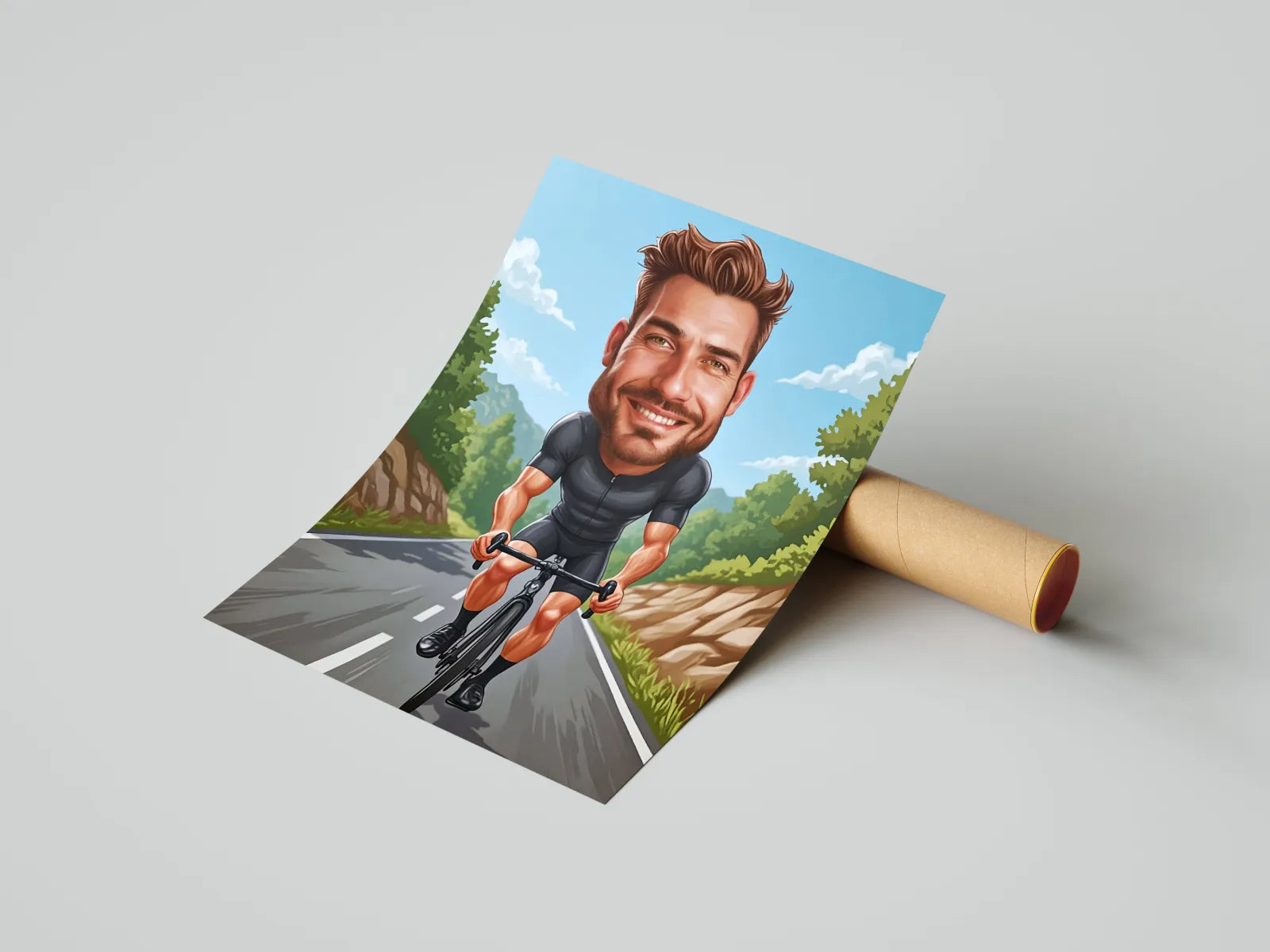 Caricatura rowerzysty na plakacie jako pomysł na prezent - Karykatura na rowerze
