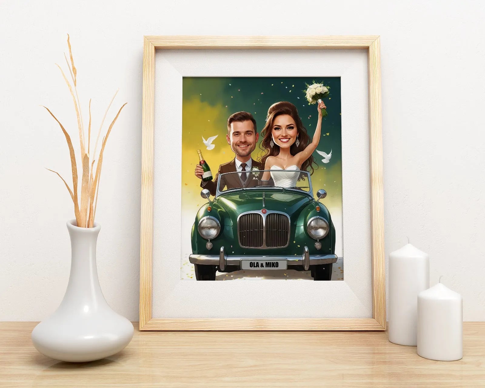 Framed wedding caricature print of the bride and groom in a car for Karykatura ślubna pary młodej