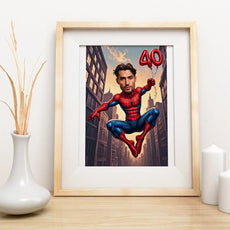 Framed Spider-Man caricature print with personalized face, ideal birthday gift