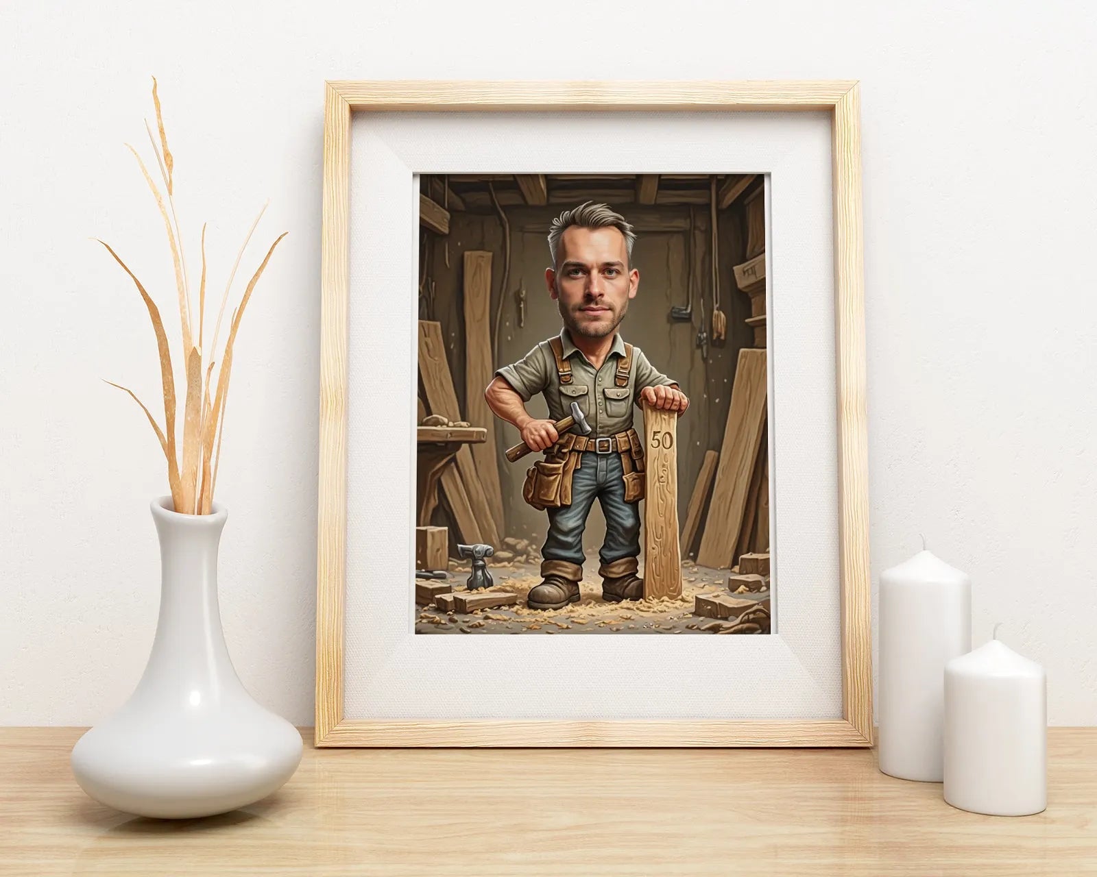 Framed caricature of a carpenter for Urodziny Karykatura stolarza prezentacja