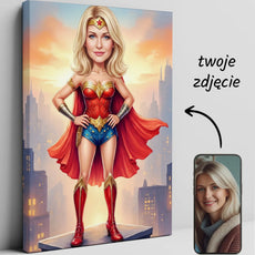Karykatura Superbohaterki - Wonder Woman w czerwono-złotej zbroi